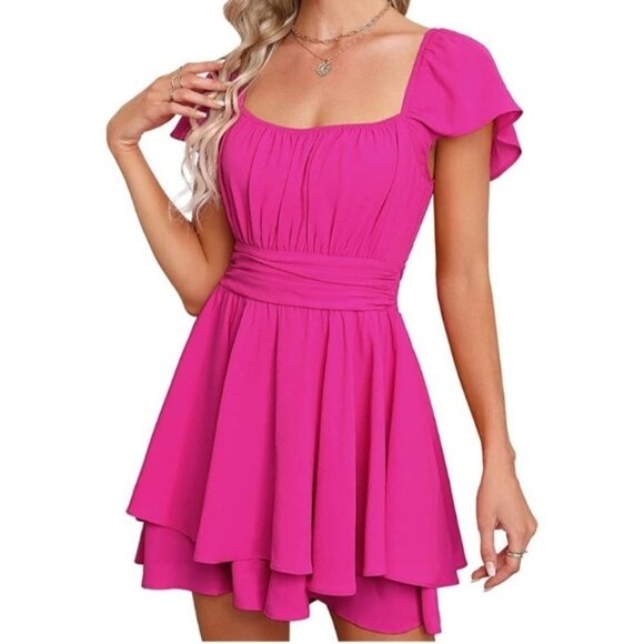 Exlura Fairy Flowy Pink Romper Smocked Waist & Flutter Sleeves Size Large - Picture 1 of 10